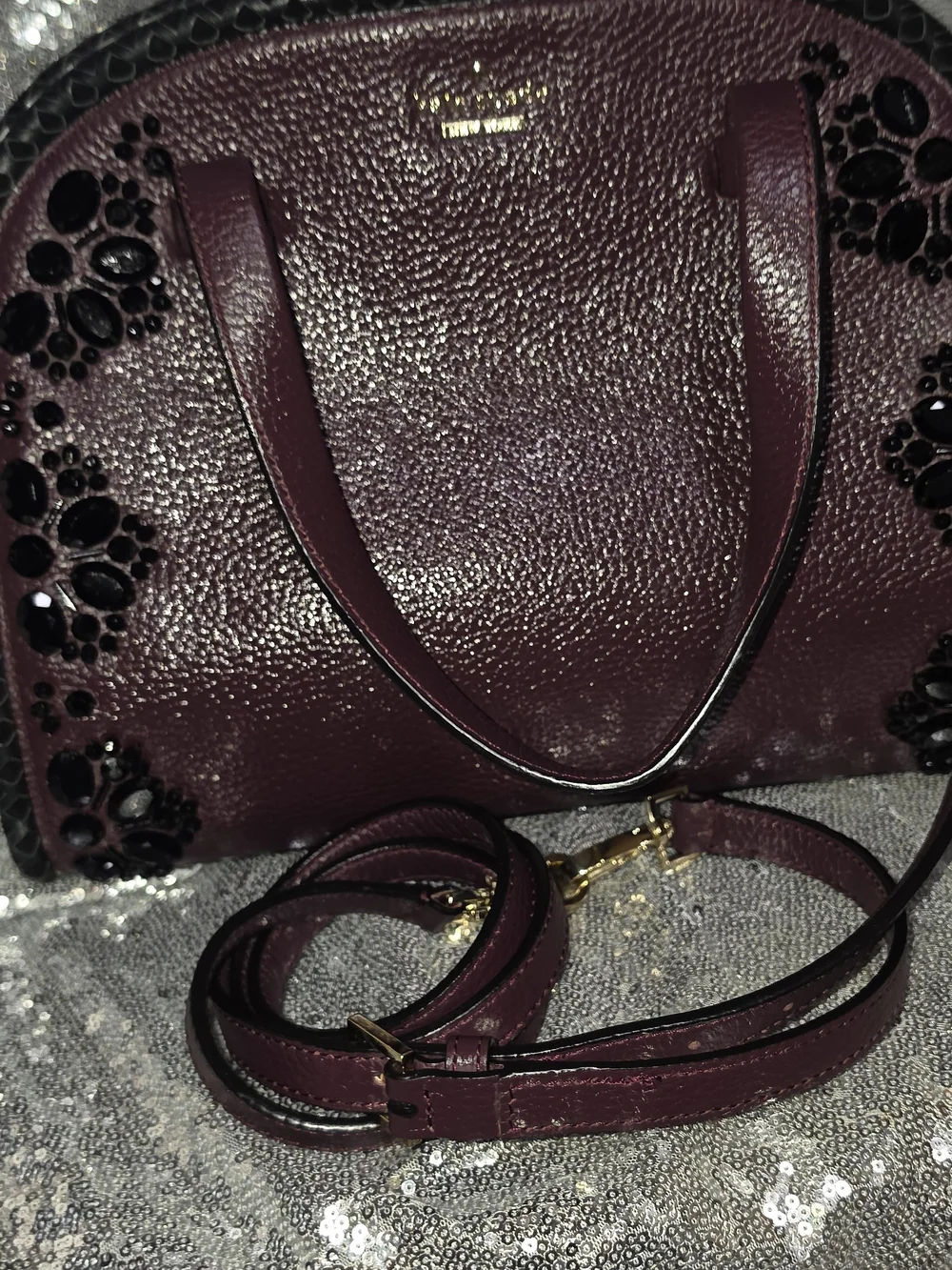 Kate Spade Plum Leather Dome Satchel with Beaded Accent